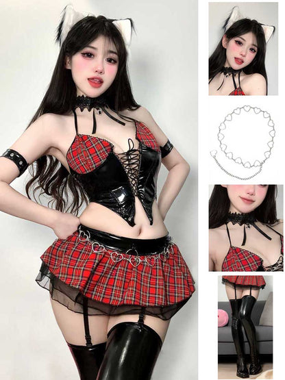 Anime Misa Gothic Lingerie Plaid Skirt Set
