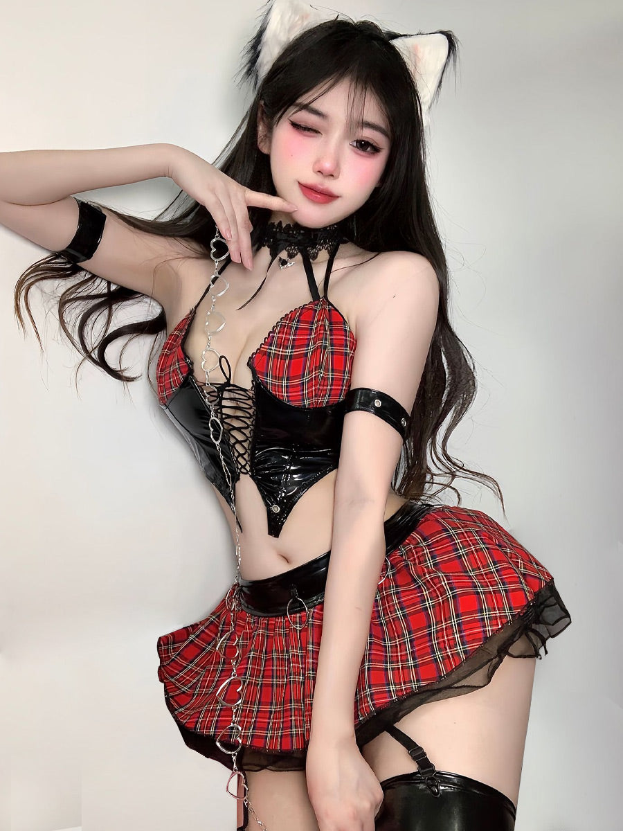 Anime Misa Gothic Lingerie Plaid Skirt Set