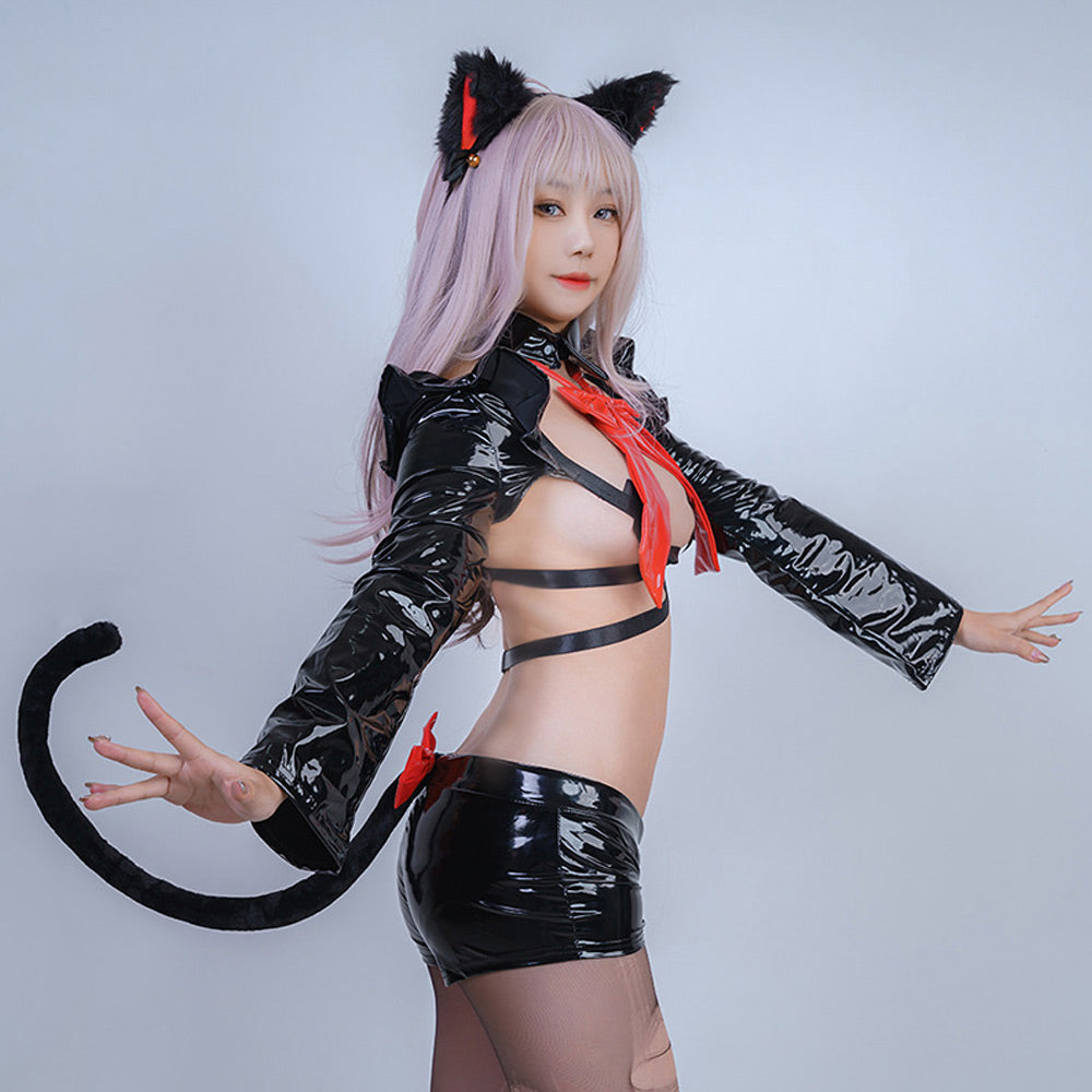 Sexy Neko Anime Cat Girl Cosplay Black Latex Skirt Set blesssafe