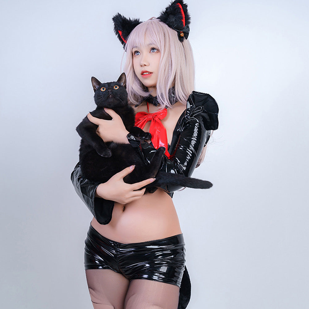 Sexy Neko Anime Cat Girl Cosplay Black Latex Skirt Set blesssafe