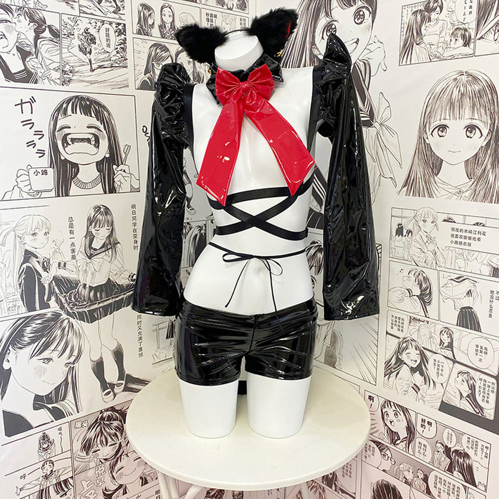 Sexy Neko Anime Cat Girl Cosplay Black Latex Skirt Set blesssafe