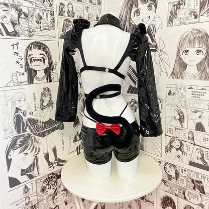 Sexy Neko Anime Cat Girl Cosplay Black Latex Skirt Set blesssafe