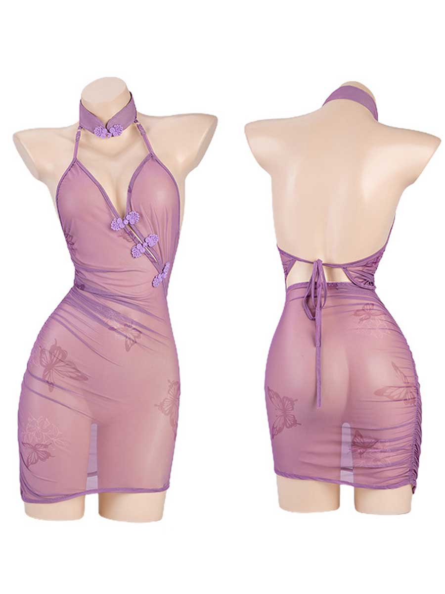 Purple Butterfly Print Vintage Lingerie Dress - Sheer Chinese Qipao Blesssafe