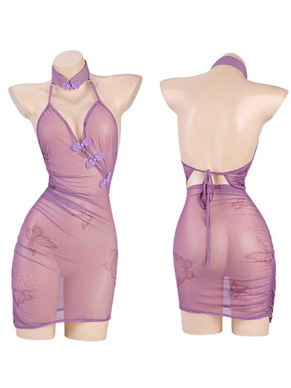 Purple Butterfly Print Vintage Lingerie Dress - Sheer Chinese Qipao Blesssafe