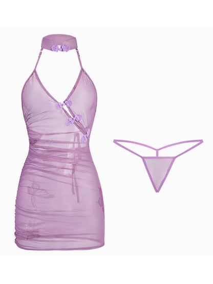 Purple Butterfly Print Vintage Lingerie Dress - Sheer Chinese Qipao Blesssafe