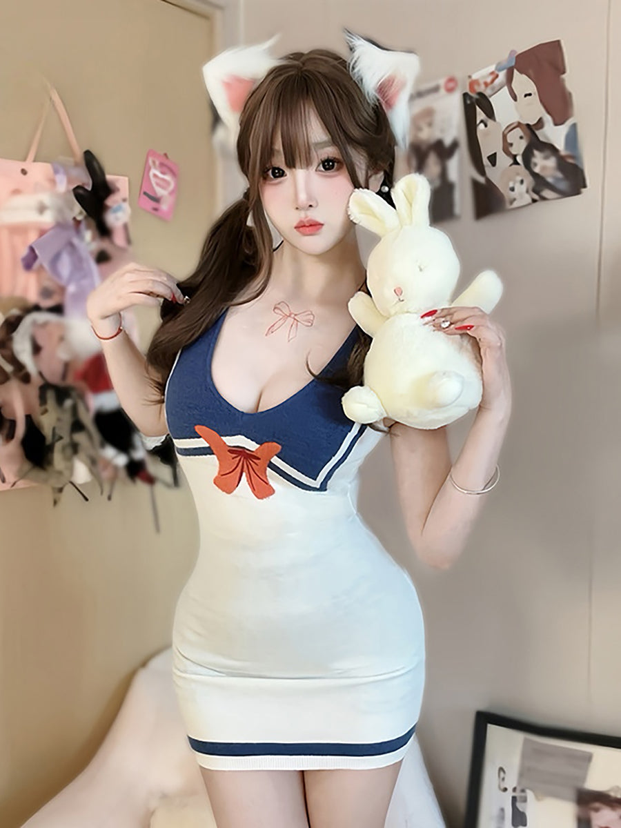 Anime Sailor Style Knitted Bodycon Dress - Cozy Chinese Qipao Blesssafe