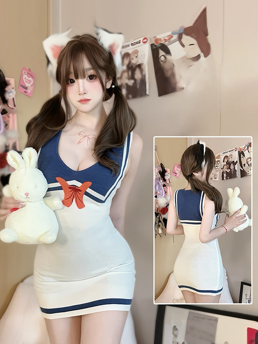 Anime Sailor Style Knitted Bodycon Dress - Cozy Chinese Qipao Blesssafe