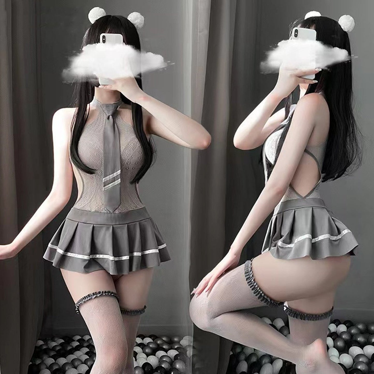 Grey Lace Cosplay Lingerie Dress - Sheer Transparent Uniform Blesssafe