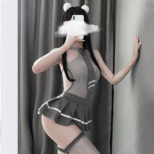Grey Lace Cosplay Lingerie Dress - Sheer Transparent Uniform Blesssafe