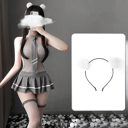 Grey Lace Cosplay Lingerie Dress - Sheer Transparent Uniform Blesssafe