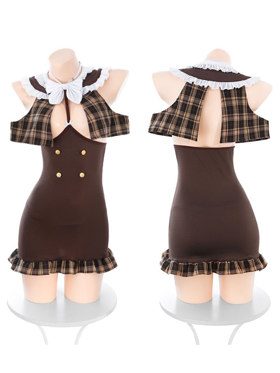 Brown Plaid Cupless Bodycon Dress - Open Bust Anime Student Gown Blesssafe