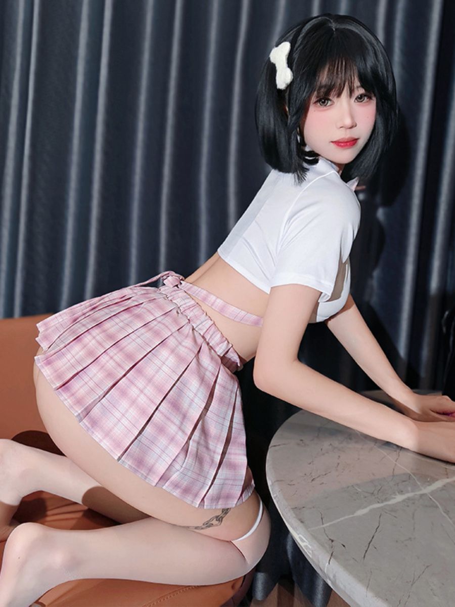 Pink Plaid Mini Skirt Uniform - Kawaii Anime Student Costume