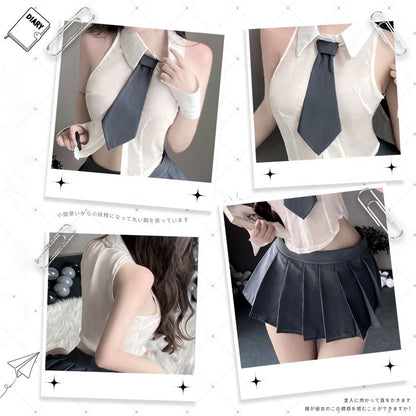 Sheer Sleeveless Shirt and Pleated Skirt - Transparent JK Set Blesssafe