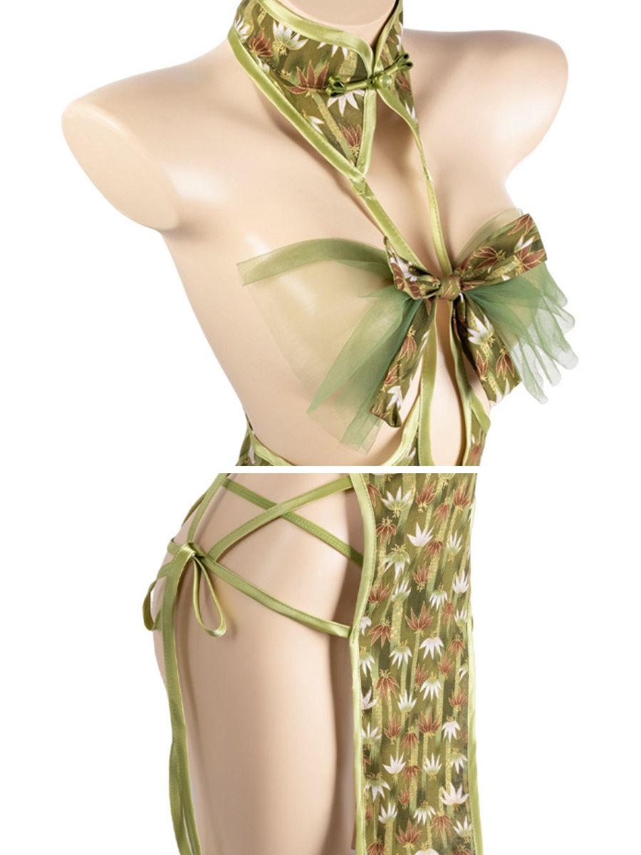 Bamboo Chinese Style Lingerie Dress - Sheer Foliage Qipao Teddy Blesssafe