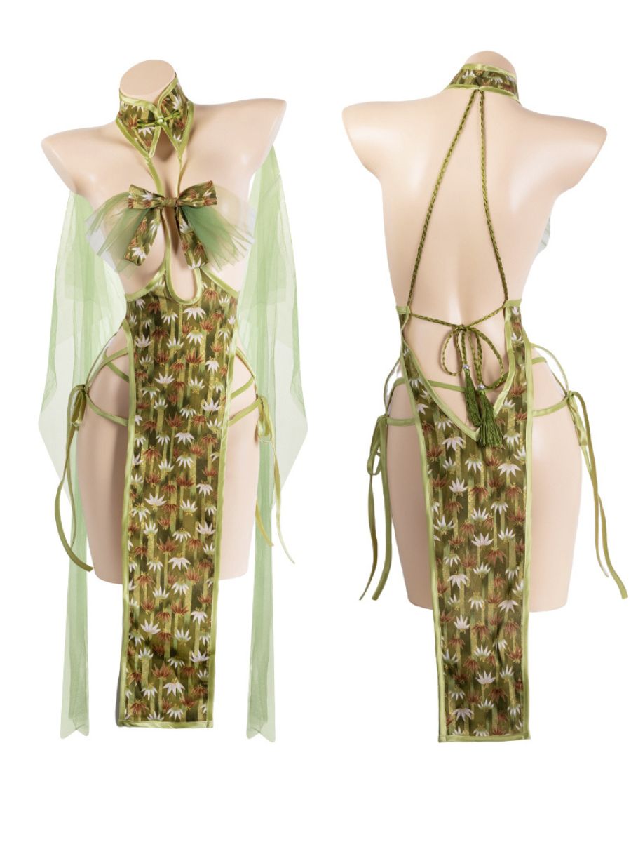 Bamboo Chinese Style Lingerie Dress - Sheer Foliage Qipao Teddy Blesssafe