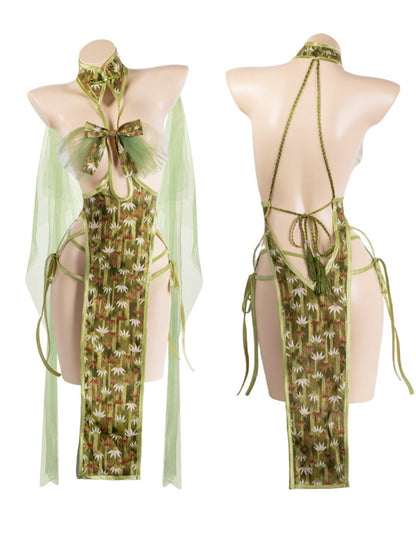 Bamboo Chinese Style Lingerie Dress - Sheer Foliage Qipao Teddy Blesssafe