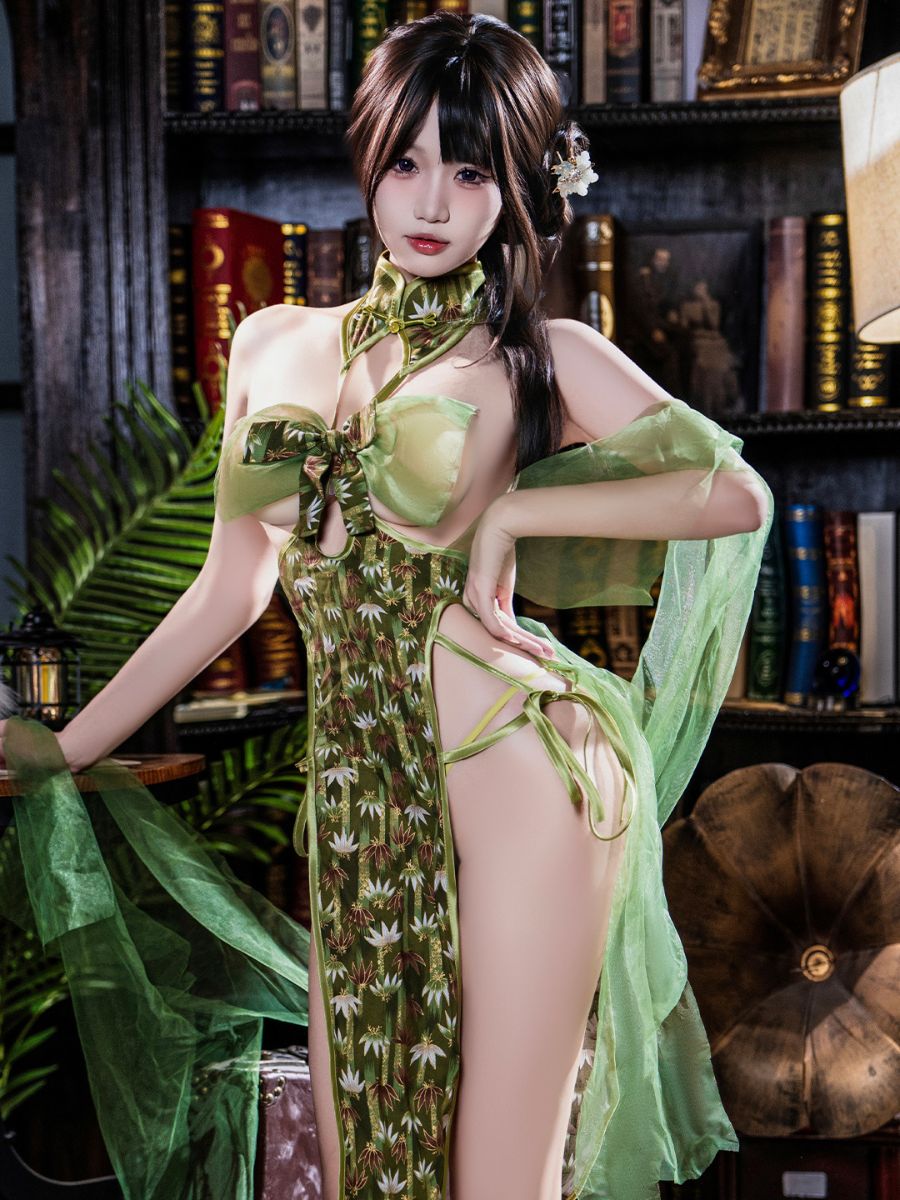 Bamboo Chinese Style Lingerie Dress - Sheer Foliage Qipao Teddy Blesssafe