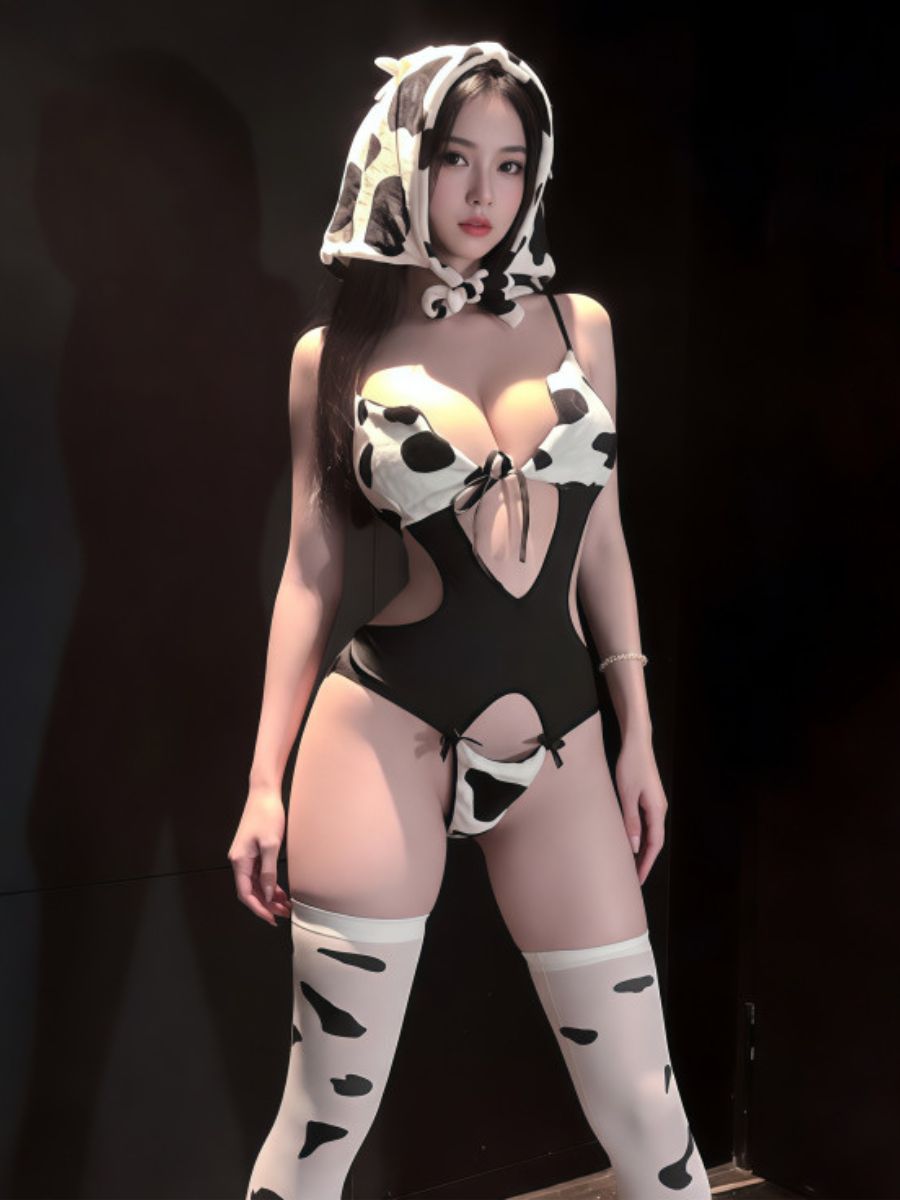 Cow Print Bodysuit Lingerie with Hat - Complete Anime Costume Set Blesssafe