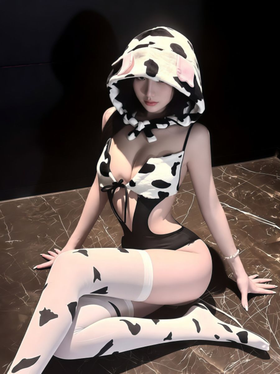 Cow Print Bodysuit Lingerie with Hat - Complete Anime Costume Set Blesssafe