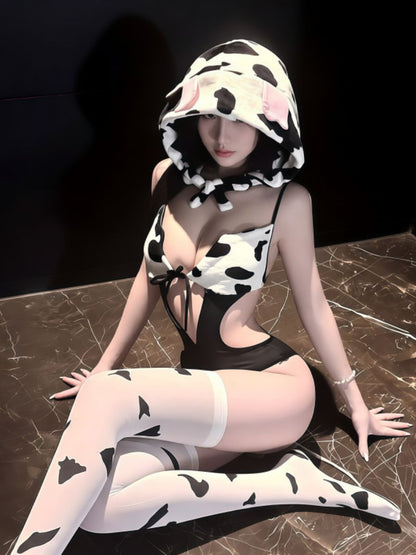 Cow Print Bodysuit Lingerie with Hat - Complete Anime Costume Set Blesssafe