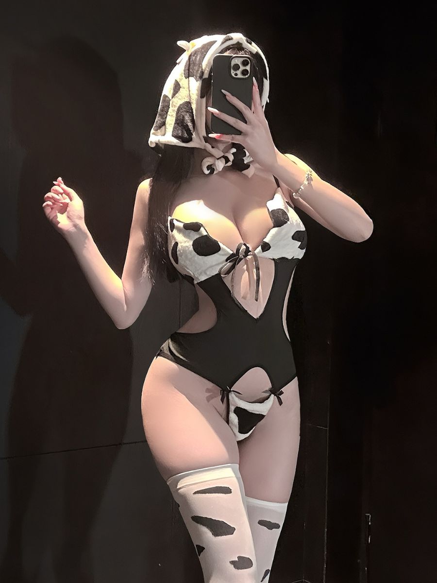 Cow Print Bodysuit Lingerie with Hat - Complete Anime Costume Set Blesssafe