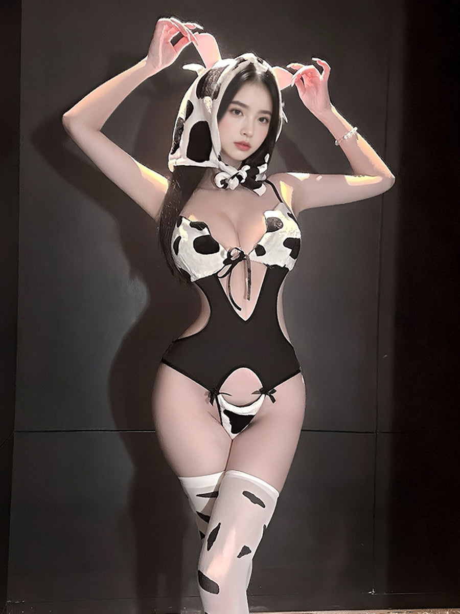 Cow Print Bodysuit Lingerie with Hat - Complete Anime Costume Set Blesssafe