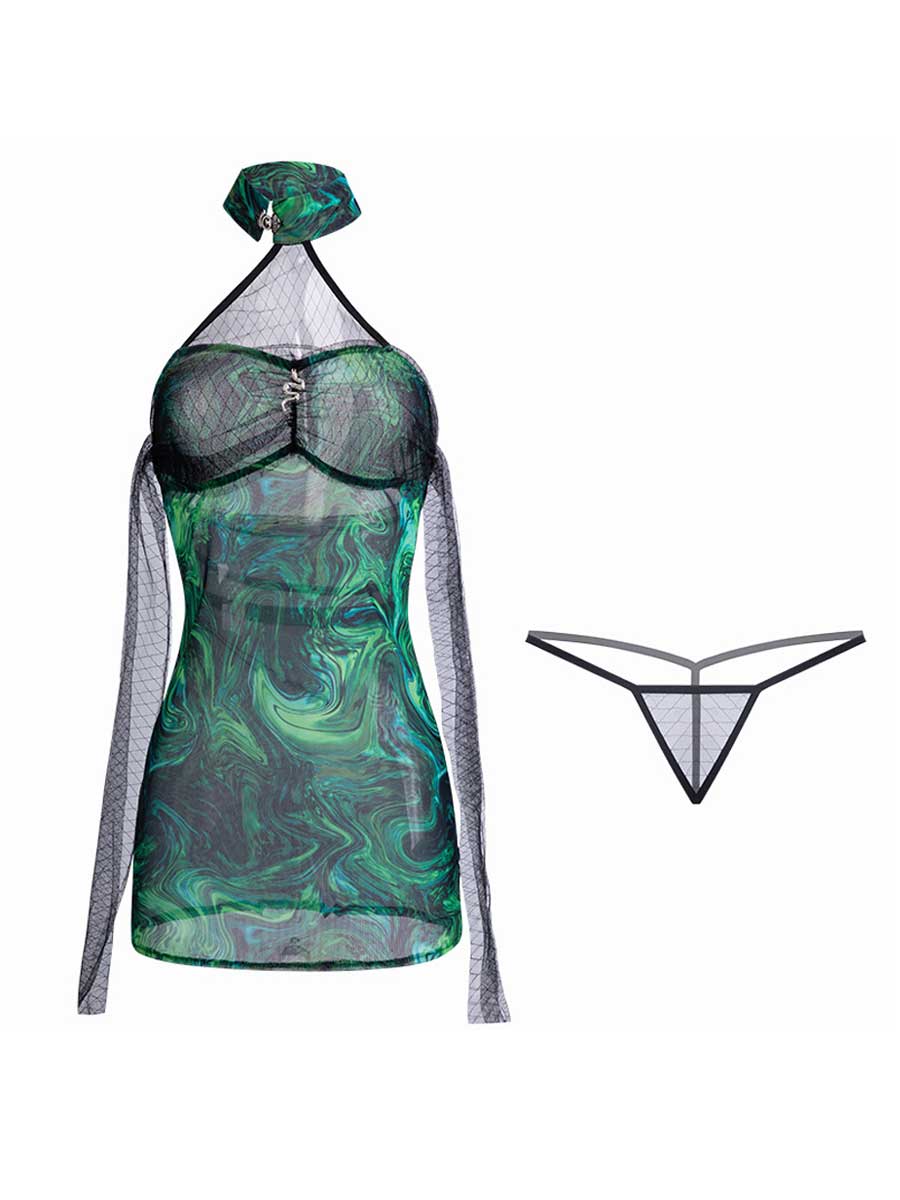 Green Mesh Marble Cheongsam Dress - Transparent Swirl Qipao Nightie Blesssafe