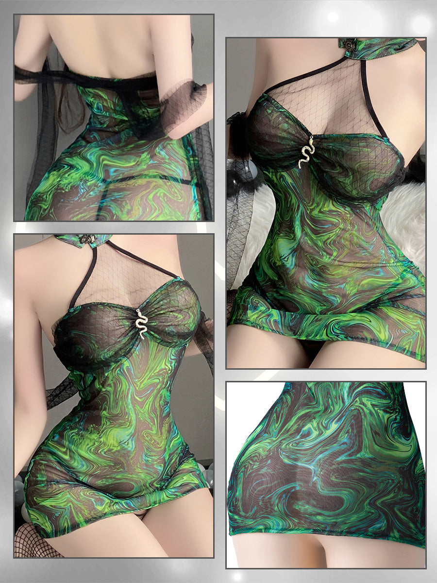 Green Mesh Marble Cheongsam Dress - Transparent Swirl Qipao Nightie Blesssafe