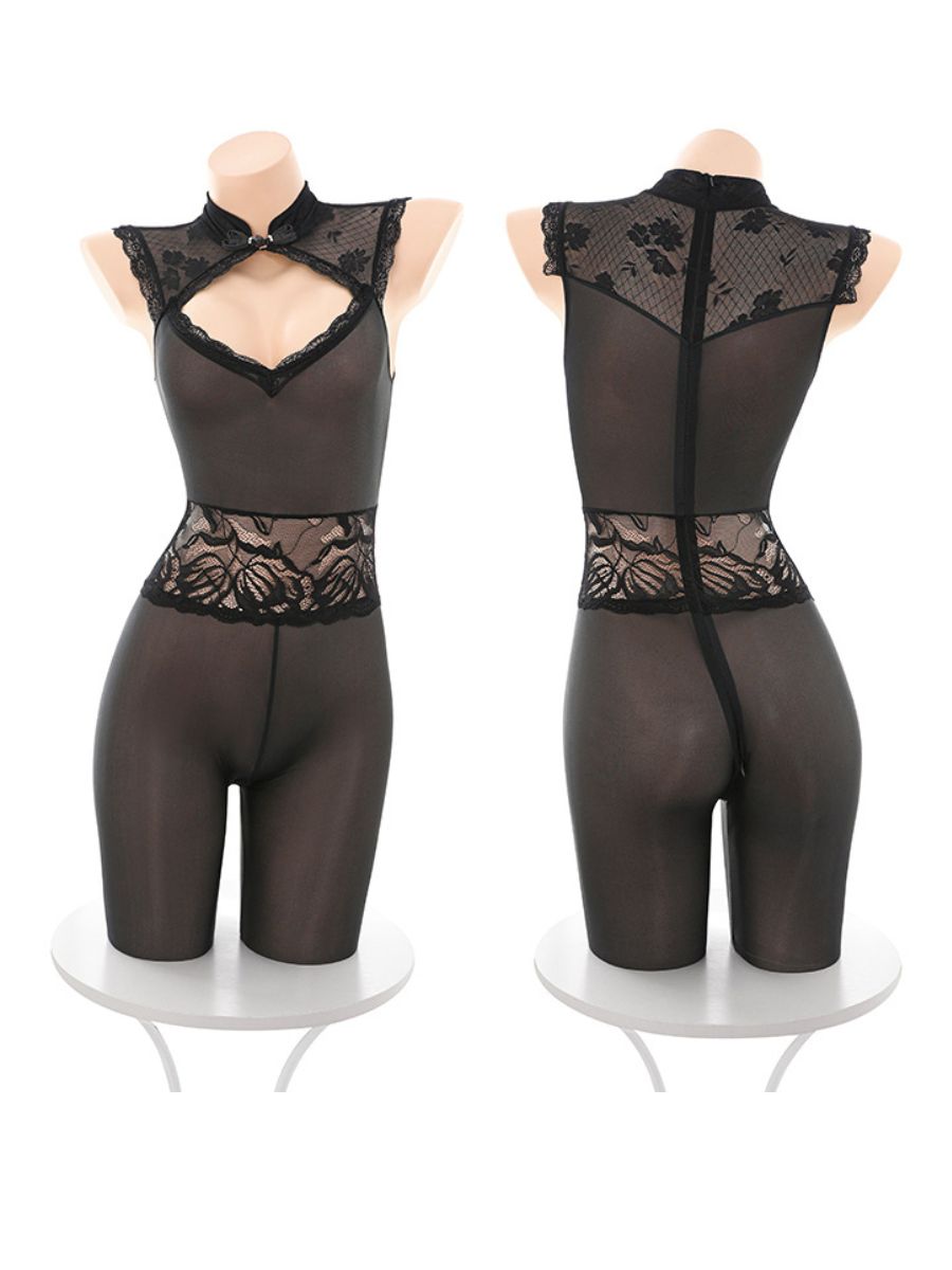 Lace Cheongsam Zipper Crotch Bodystocking - Naughty Net Teddy Blesssafe
