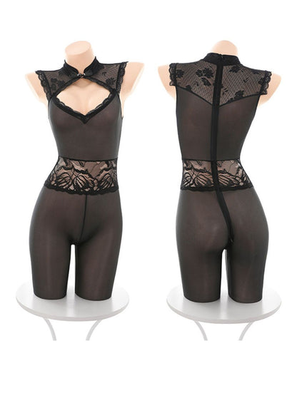 Lace Cheongsam Zipper Crotch Bodystocking - Naughty Net Teddy Blesssafe