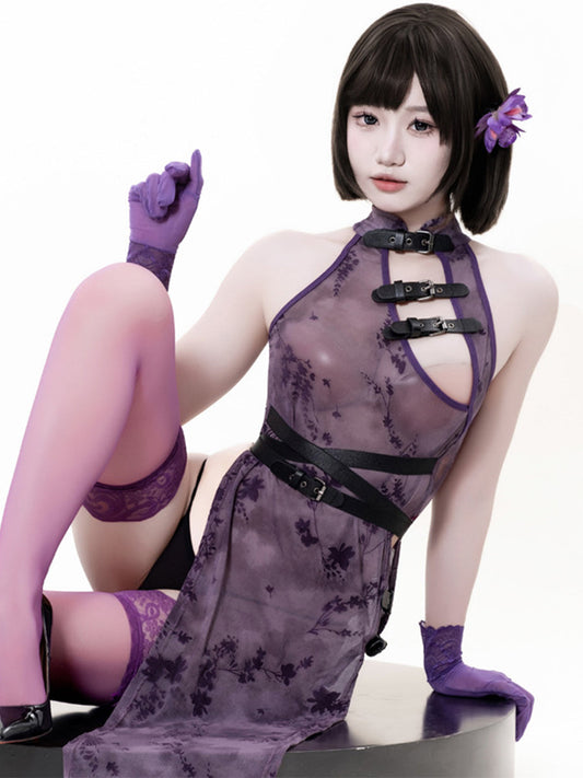 Sheer Mesh High Slit Cheongsam Set - Transparent Chinese Teddy Blesssafe