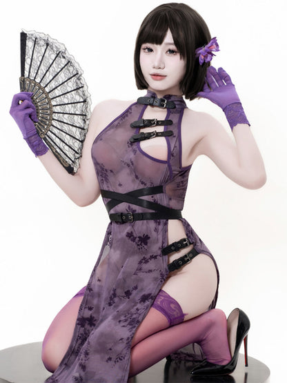 Sheer Mesh High Slit Cheongsam Set - Transparent Chinese Teddy Blesssafe