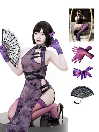 Sheer Mesh High Slit Cheongsam Set - Transparent Chinese Teddy Blesssafe