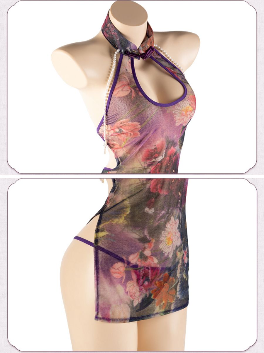Sheer Floral Cheongsam-Inspired Dress - Transparent Lace Qipao Blesssafe