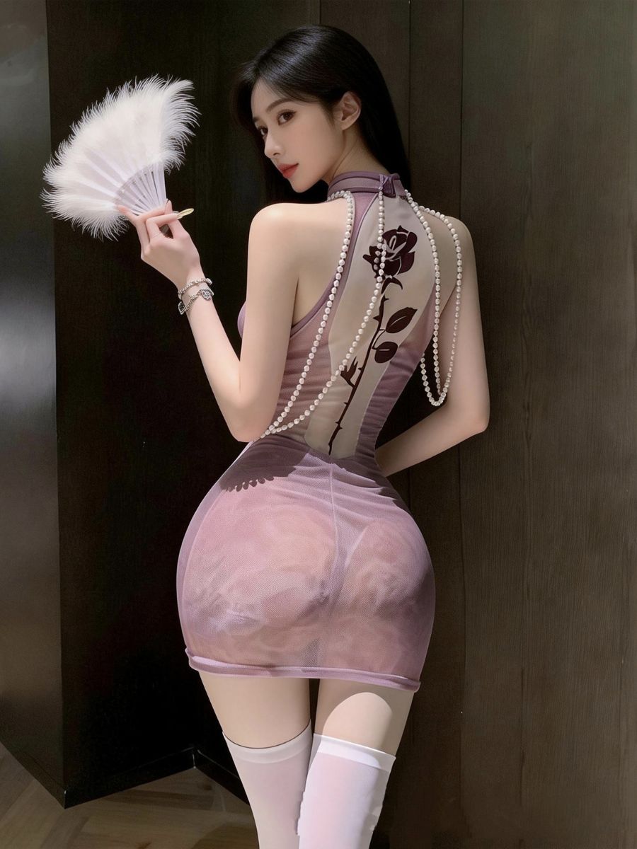 Purple Rose Sheer Mesh Cheongsam - Transparent Chinese Gown Blesssafe