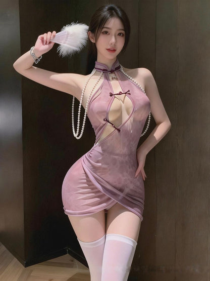 Purple Rose Sheer Mesh Cheongsam - Transparent Chinese Gown Blesssafe