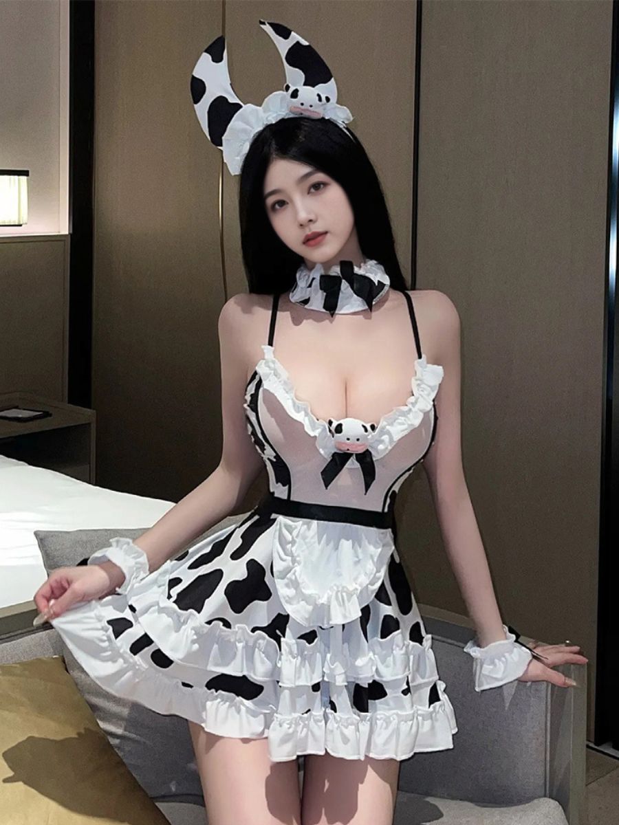 Ruffled Kawaii Cow Girl Lingerie - Cute Anime Lace Apron Teddy Blesssafe