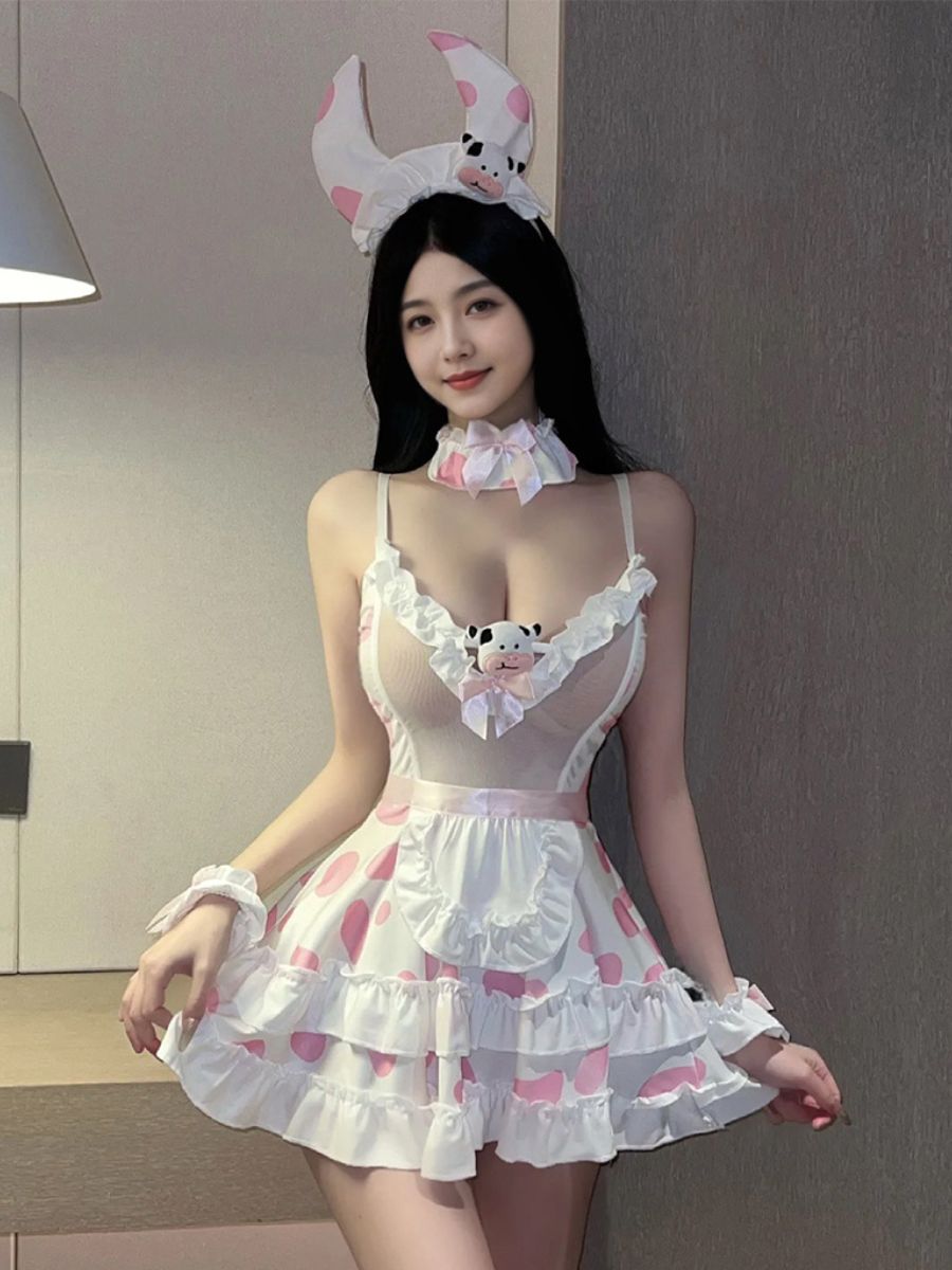Ruffled Kawaii Cow Girl Lingerie - Cute Anime Lace Apron Teddy Blesssafe