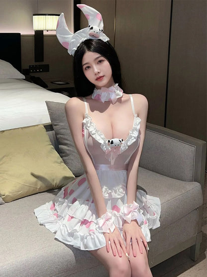 Ruffled Kawaii Cow Girl Lingerie - Cute Anime Lace Apron Teddy Blesssafe