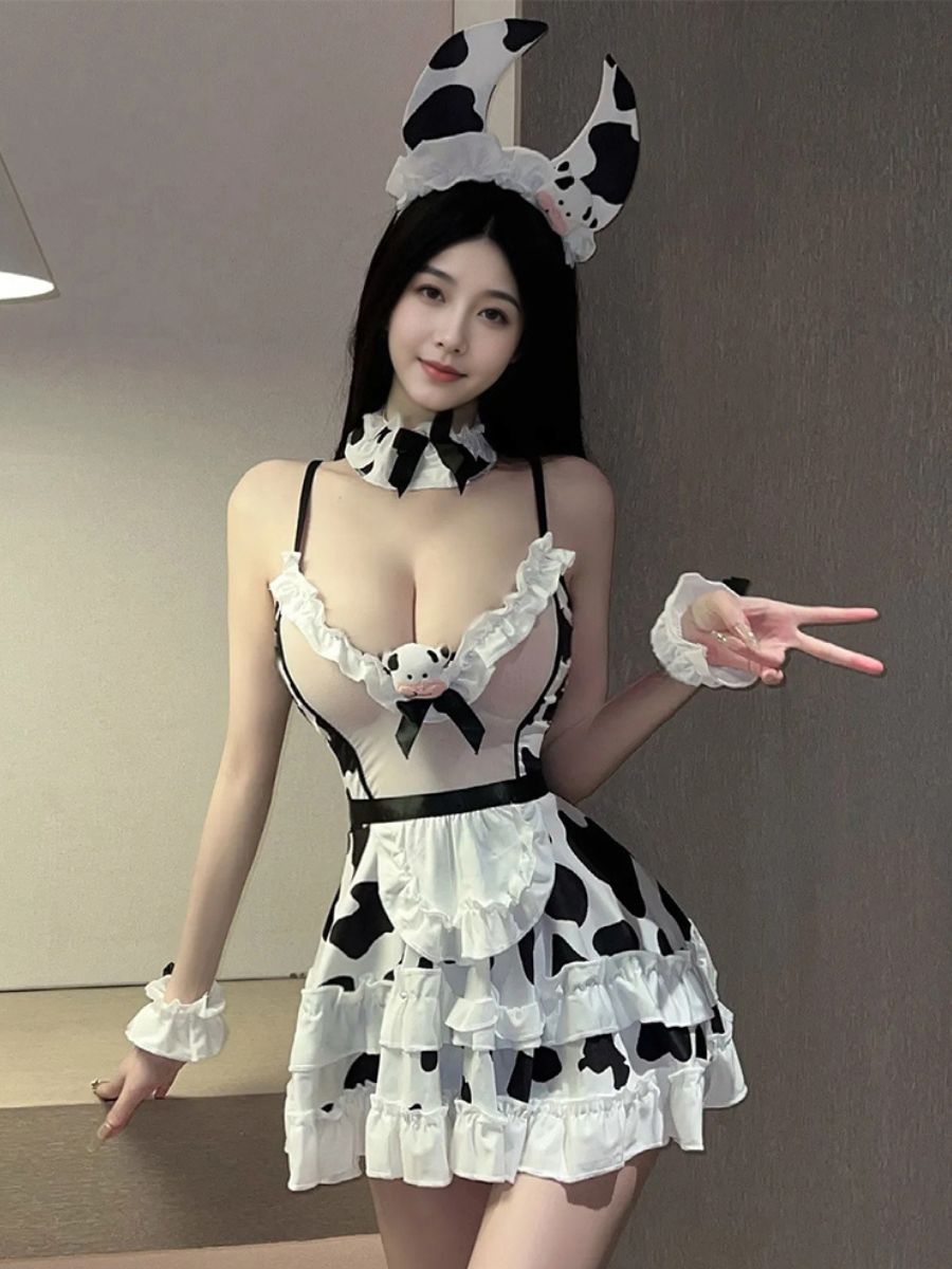 Ruffled Kawaii Cow Girl Lingerie - Cute Anime Lace Apron Teddy Blesssafe