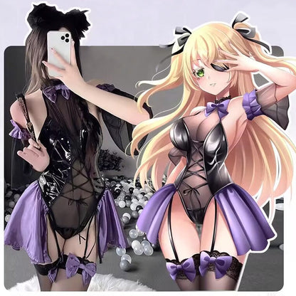 Lace-Up Latex Lingerie Succubus Cosplay Set