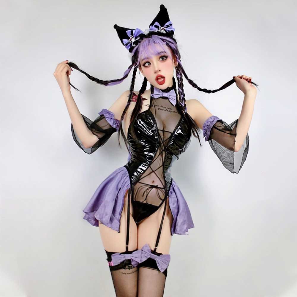 Lace-Up Latex Lingerie Succubus Cosplay Set