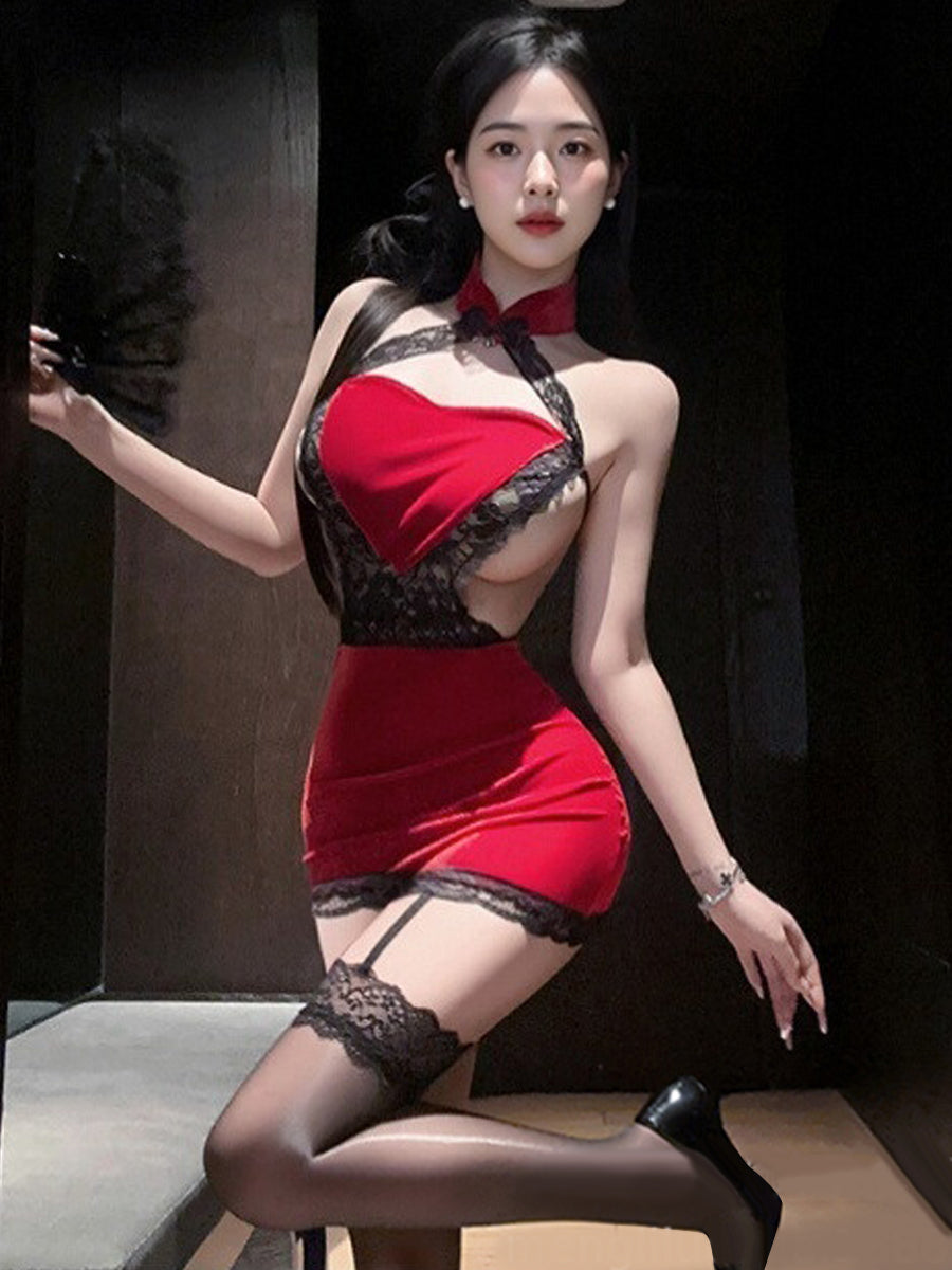 Velvet Heart Shaped Cheongsam Set - Cute Cutout Chinese Cosplay Blesssafe