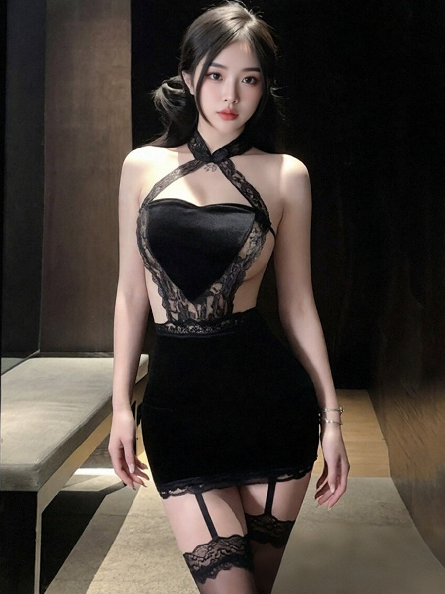 Velvet Heart Shaped Cheongsam Set - Cute Cutout Chinese Cosplay Blesssafe