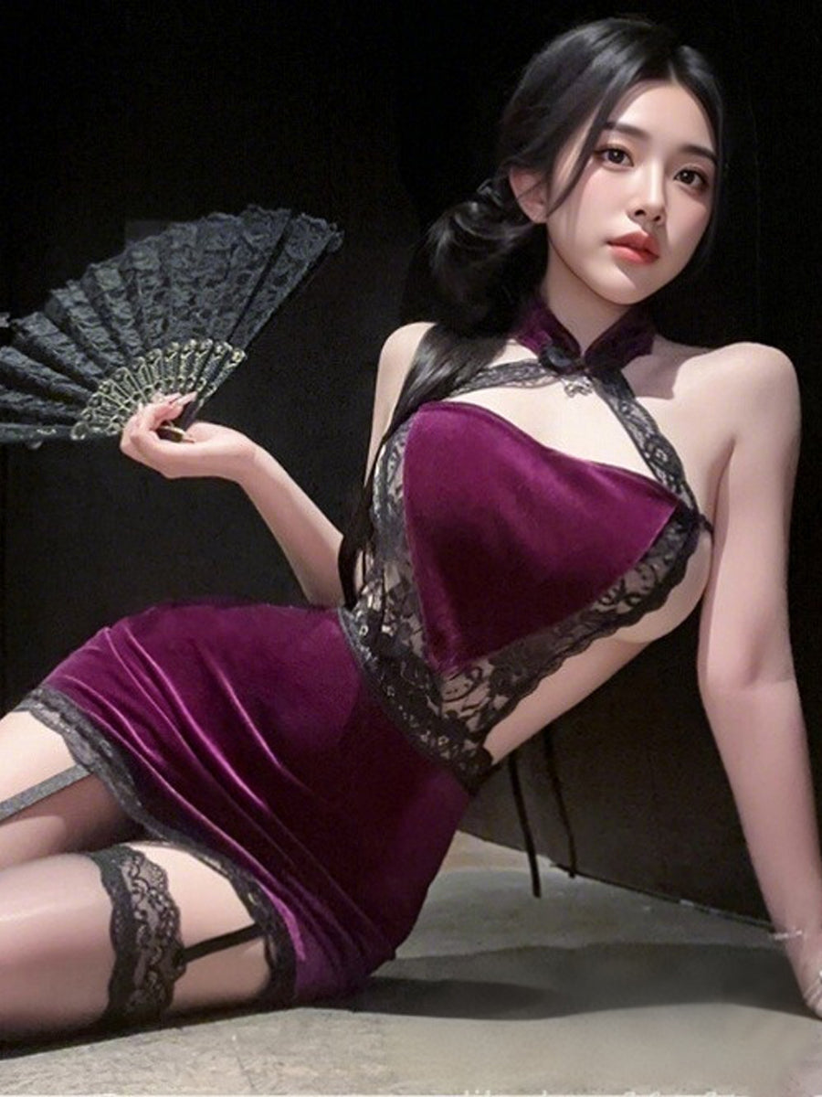 Velvet Heart Shaped Cheongsam Set - Cute Cutout Chinese Cosplay Blesssafe