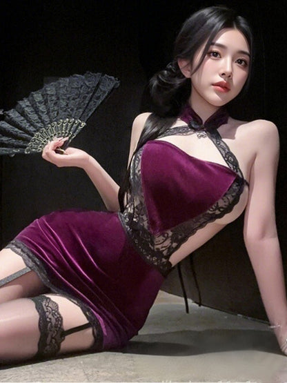 Velvet Heart Shaped Cheongsam Set - Cute Cutout Chinese Cosplay Blesssafe