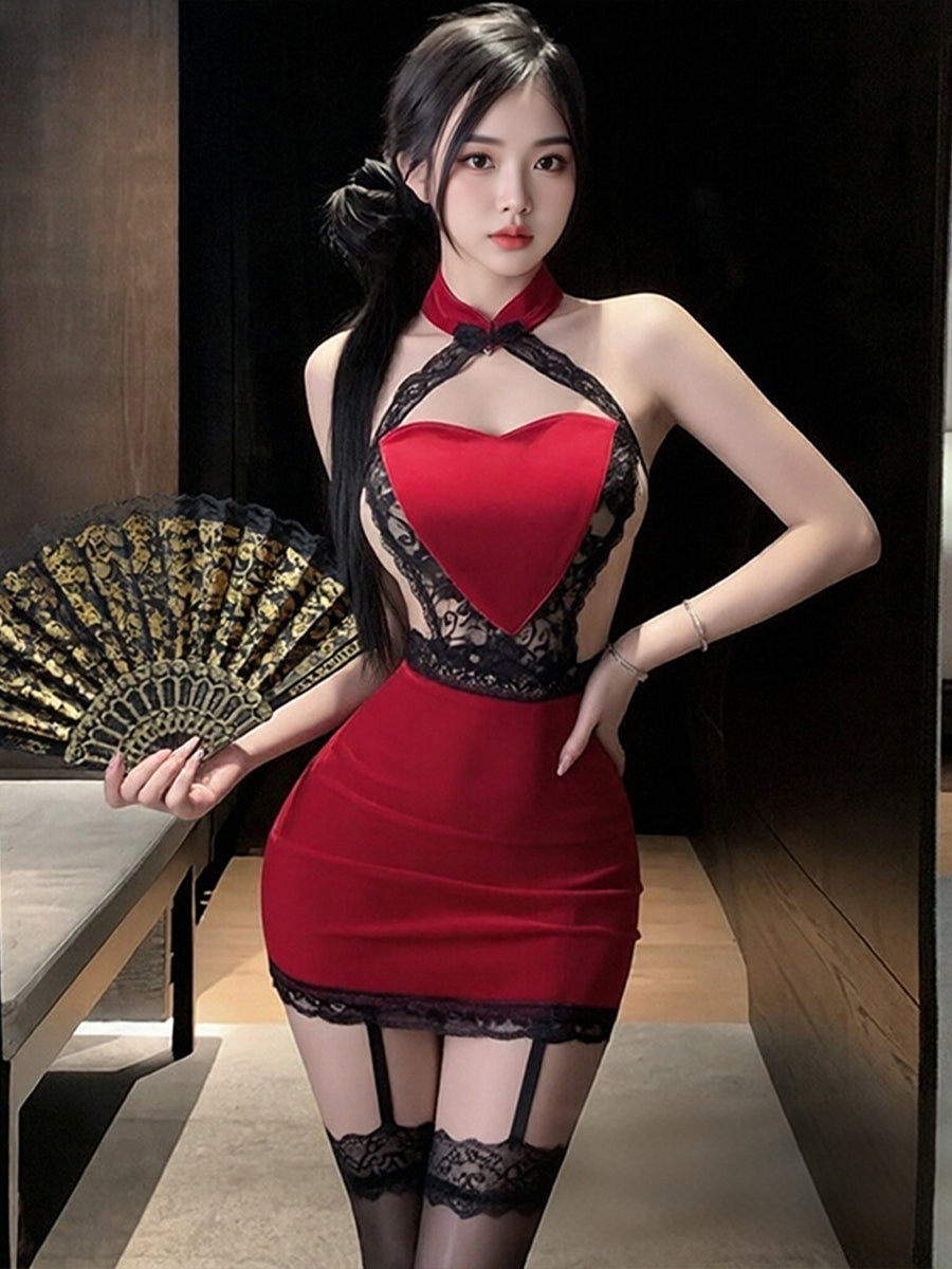 Velvet Heart Shaped Cheongsam Set - Cute Cutout Chinese Cosplay Blesssafe