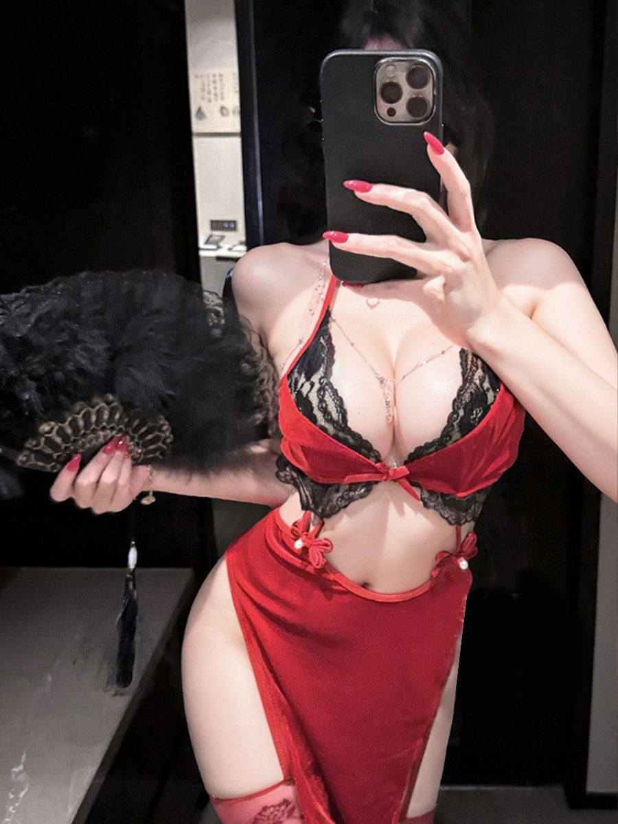 Velvet & Lace Qipao-Style Lingerie Dress - Sexy Chinese Nightie Blesssafe
