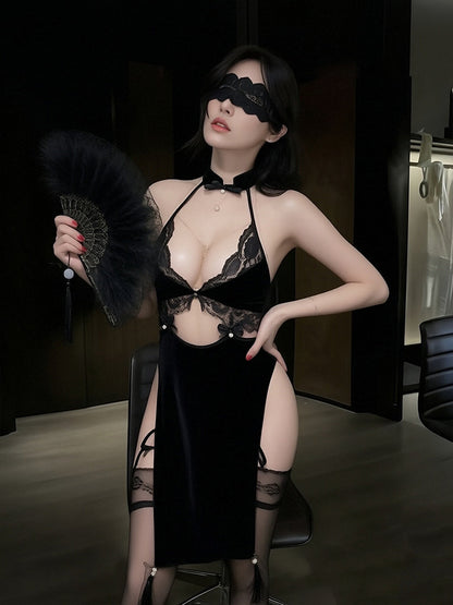Velvet & Lace Qipao-Style Lingerie Dress - Sexy Chinese Nightie Blesssafe