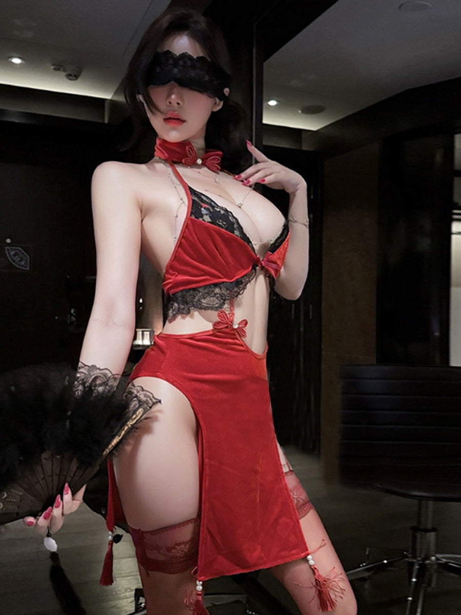 Velvet & Lace Qipao-Style Lingerie Dress - Sexy Chinese Nightie Blesssafe